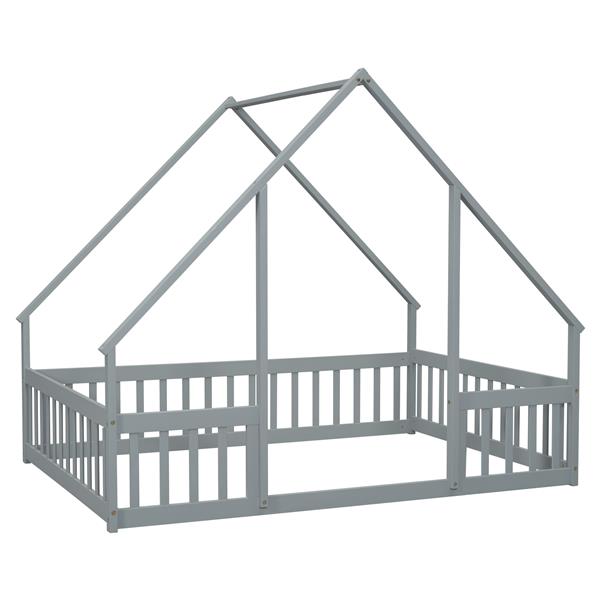 Full Wood House-Shaped Floor Bed with Fence, Guardrails,Grey