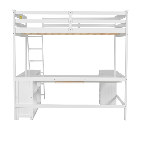 Full Size Loft Bed with U-shaped Desk, Drawers and Storage Shelves, White