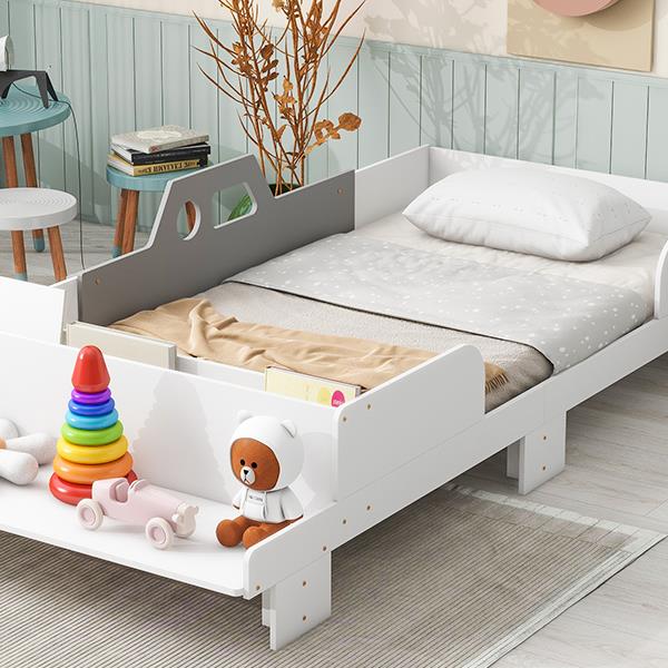 Car-Shaped Twin Wood Bed with Bench,White