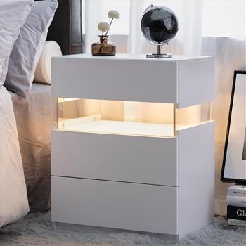 LED Nightstands 3 Drawer Dresser for Bedroom End Table with Acrylic Board LED Bedside Tables for Bedroom Living Room Bedside Furniture (White)