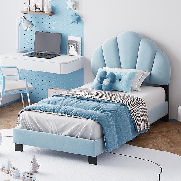 Twin Size Upholstered Velvet Platform Bed with Shell-Shaped Headboard, Blue