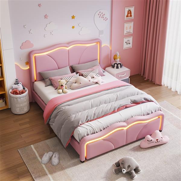 Full Size Upholstered Platform Bed with Curve Shaped and Height-adjustbale Headboard,LED Light Strips,Pink