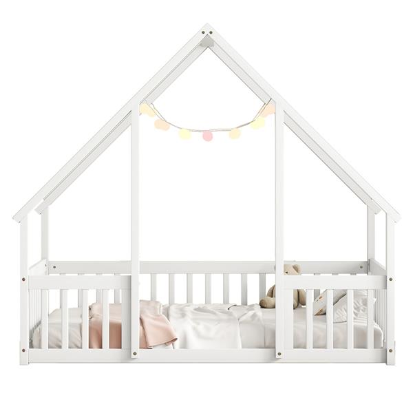 Twin Wood House-Shaped Floor Bed with Fence, Guardrails ,White