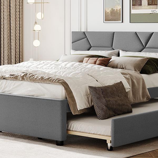 Queen Size Upholstered Platform Bed with Brick Pattern Headboard and Twin XL Size Trundle, Linen Fabric, Gray