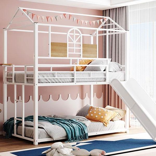 Twin Over Twin Metal Bunk Bed ,Metal Housebed With Slide,Three Colors Available.(White with White  Slide)