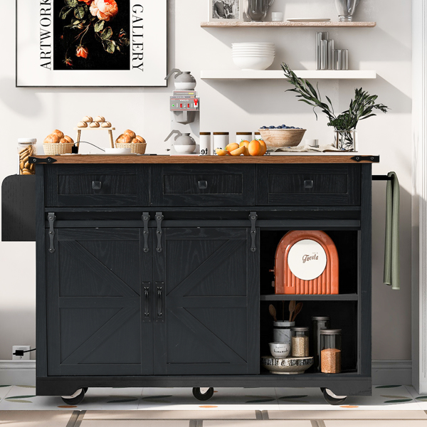 53.7" Farmhouse Kitchen Island with Power Outlet, 2 Sliding Barn Door Kitchen Storage Island with Drop Leaf, Spice Rack Rolling Kitchen Cart on Wheels, for Home, Kitchen and Dining Room, Black