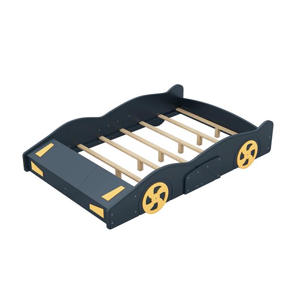 Full Size Race Car-Shaped Platform Bed with Wheels and Storage, Dark Blue+Yellow