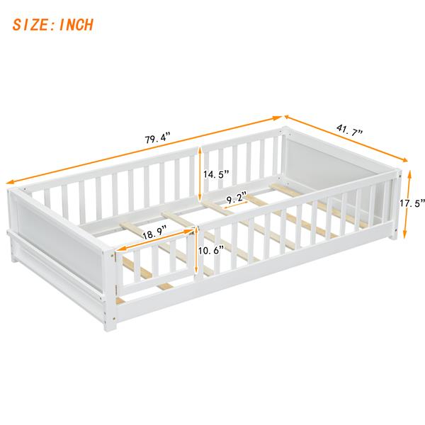 Twin size Floor Platform Bed with Built-in Book Storage Rack, Door,White