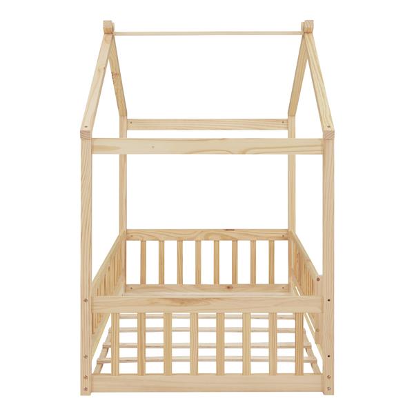 Twin Size Wood Bed House Bed Frame with Fence, for Kids, Teens, Girls, Boys,Natural