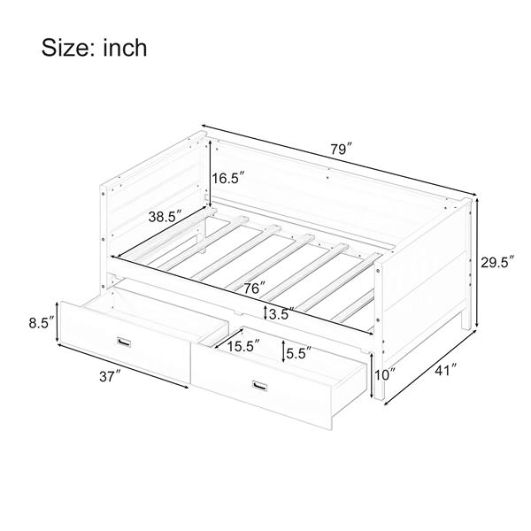 Twin Size Solid Wood Daybed with Two Drwaers for Kids Teens Dorm Bedroom Multipurpose Guest Room or Home, Walnut