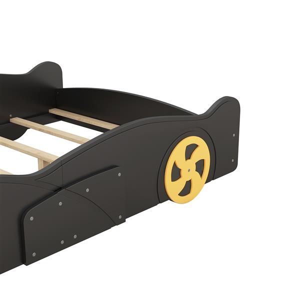 Full Size Race Car-Shaped Platform Bed with Wheels and Storage, Black+Yellow