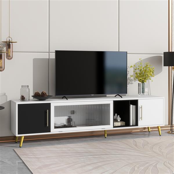 Stylish TV Stand with Golden Metal Handles&Legs, Two-tone Media Console for TVs Up to 80", Fluted Glass Door TV Cabinet with Removable Compartment for Living Room, White