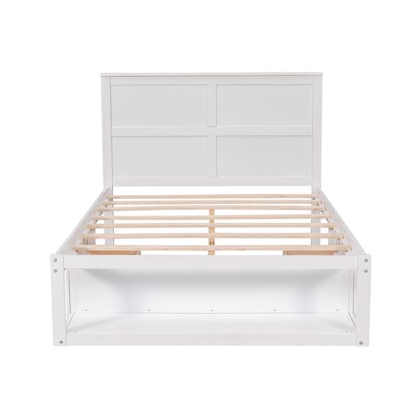 Full Size Platform Bed with Drawer on the Each Side and Shelf on the End of the Bed, White