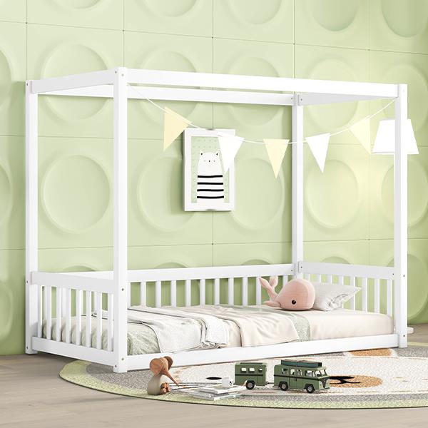 Twin Size Canopy Frame Floor Bed with Fence, Guardrails,White