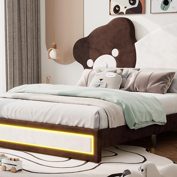 Full Size Upholstered Platform Bed with Bear Shaped Headboard, LED Light Strips, White + Brown