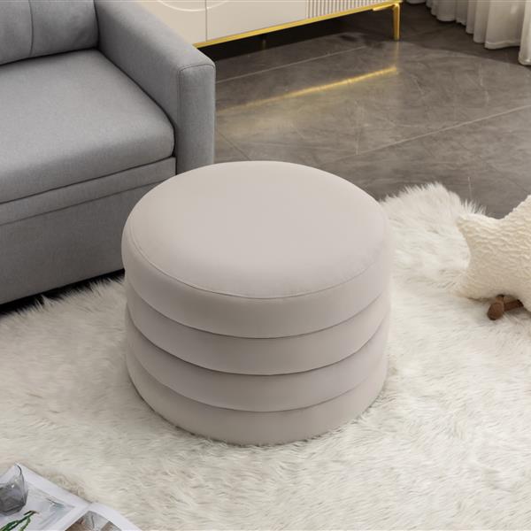 007-Velvet Fabric Storage Round Ottoman Footstool With Wooden Shelving,Light Gray