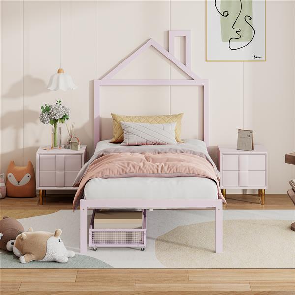 Twin Size Metal Platform Bed with two drawers,House-Shaped Headboard Design, Pink