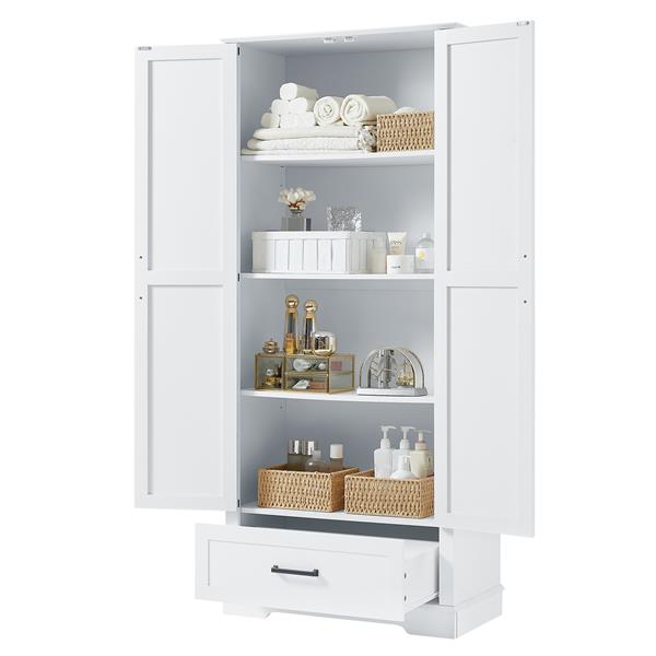 Tall Bathroom Storage Cabinet, Cabinet with Two Doors and One Drawer, Adjustable Shelf, MDF Board, White