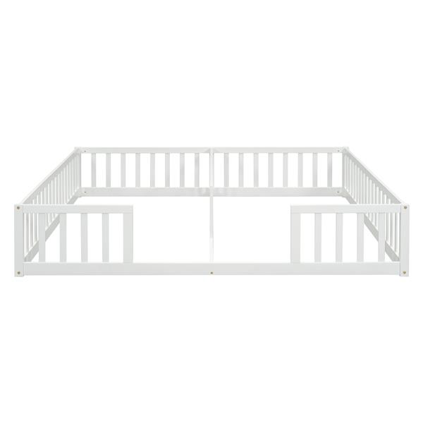 Double Twin Floor Bed with Fence, Guardrails, without door, White