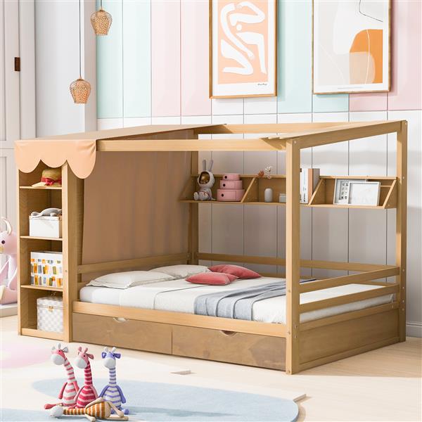 Full size House Bed with Two Drawers and Wardrobe,Natural