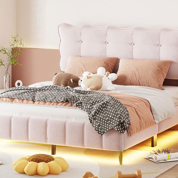 Queen Size Velvet Platform Bed with LED Frame and Stylish Mental Bed Legs, Pink