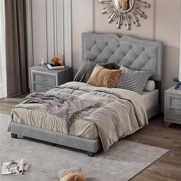 Full Size Upholstered Bed Frame with Rivet Design, Modern Velvet Platform Bed with Tufted Headboard,Gray