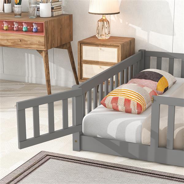 Full size Floor Platform Bed with Fence and Door,Grey