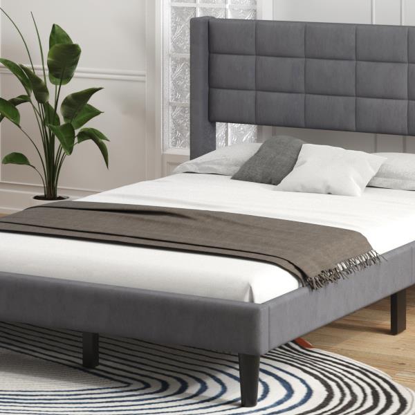 Queen Size Upholstered Platform Bed with Support Legs, Gray