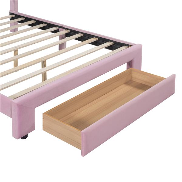 Full Size Storage Bed Velvet Upholstered Platform Bed with a Big Drawer - Pink