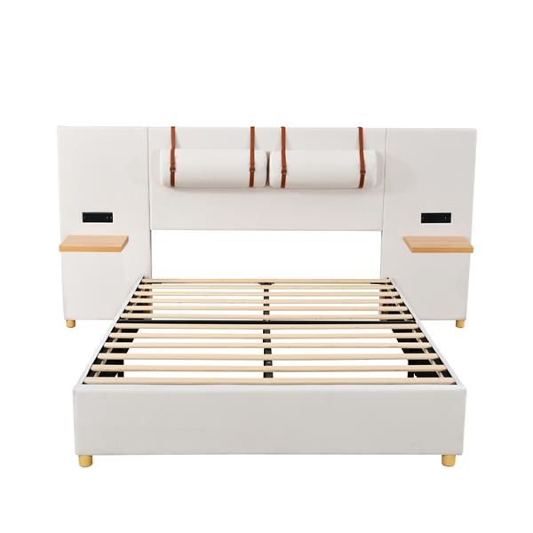 Full Size Upholstered Platform Bed, Two Outlets and USB Charging Ports on Both Sides, Two Bedside Pillows, Storage Shelves, Beige