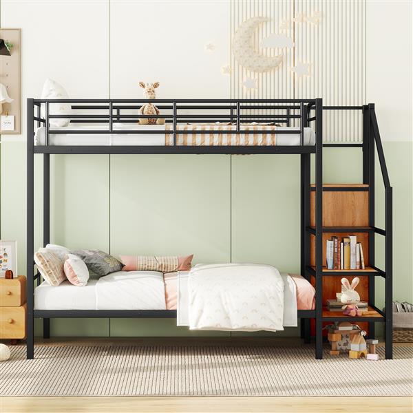 Twin Over Twin Metal Bunk Bed with Lateral Storage Ladder and Wardrobe, Black