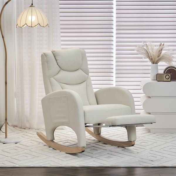 052-Cotton Linen Fabric Nursery Rocking Chair With Adjustable Footrest,Beige