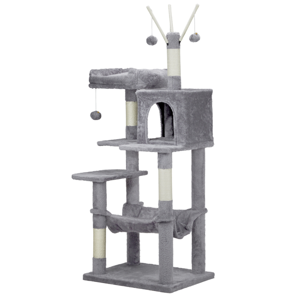 57 inch Cat Tree Cat Tower for Indoor Cats, Cat House with Padded Platform Bed, Toy Balls, Large Cozy Condo and Sisal Scratching Posts, Light Grey