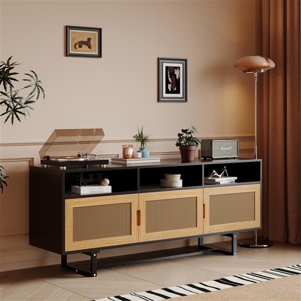 Retro Rattan Console Table 3-door TV Stand Media Console with Open Shelves for TV Stand under 75''(Espresso)