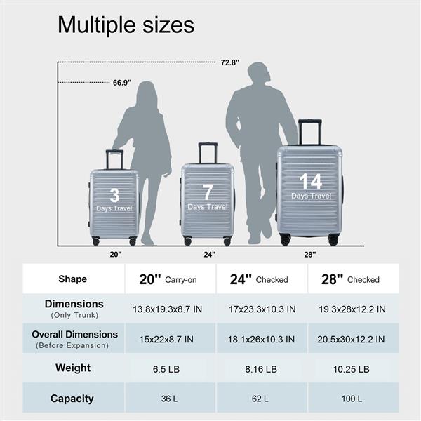 Luggage Sets New Model Expandable ABS+PC 3 Piece Sets with Spinner Wheels Lightweight TSA Lock (20/24/28),SILVER