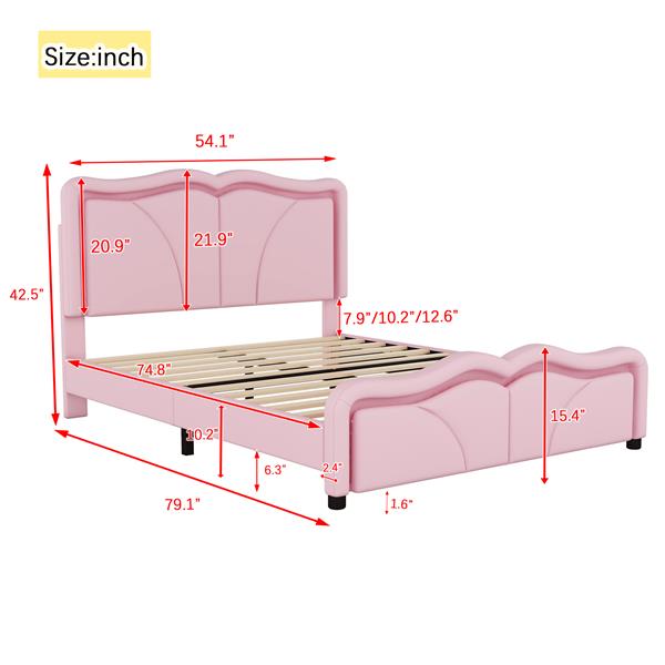 Full Size Upholstered Platform Bed with Curve Shaped and Height-adjustbale Headboard,LED Light Strips,Pink