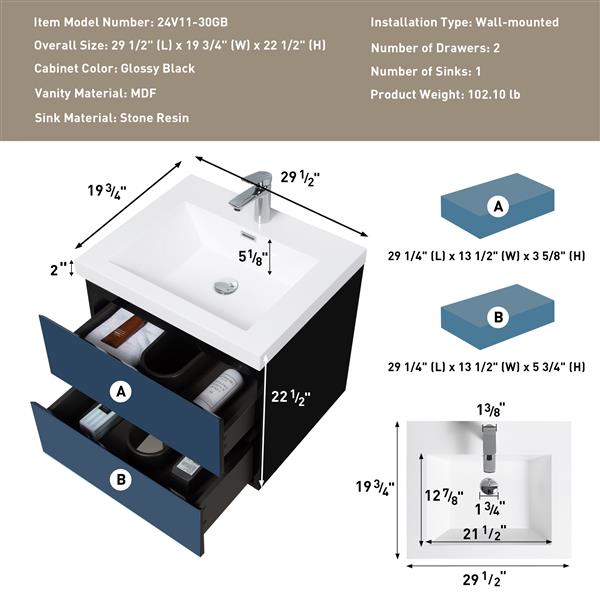 30" Floating Bathroom Vanity with Sink, Modern Wall-Mounted Bathroom Storage Vanity Cabinet with Resin Top Basin and Soft Close Drawers, Glossy Black 24V11-30GB