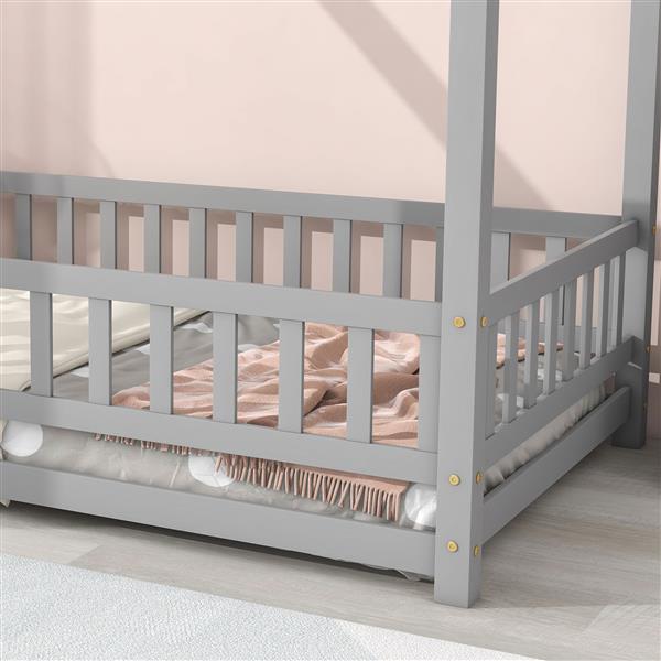 Twin Size Floor Wooden Bed with House Roof Frame, Fence Guardrails,Grey