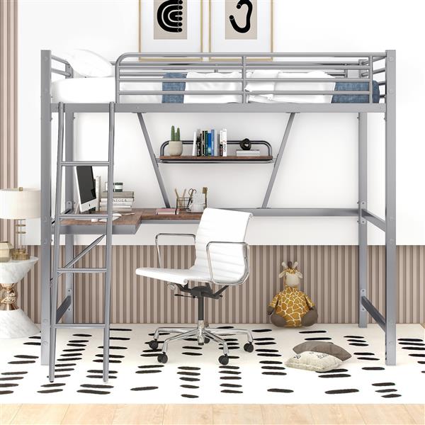 Twin Size Loft Metal&MDF Bed with Desk and Shelf, Silver