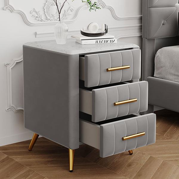 Upholstered Wooden Nightstand with 3 Drawers and Metal Legs&Handles,Fully Assembled Except Legs&Handles,Bedside Table with Marbling Worktop - Gray