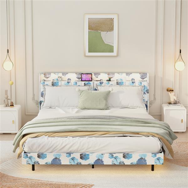 Queen Floating Bed Frame with LED Light and Charging Station Upholstered Platform Bed Frame Queen Size with Headboard and Hidden Storage Space, No Box Spring Needed, Blue