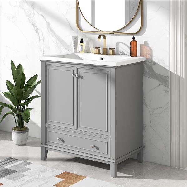 30" Bathroom Vanity with Sink Combo, Multi-functional Bathroom Cabinet with Doors and Drawer, Solid Frame and MDF Board, Grey