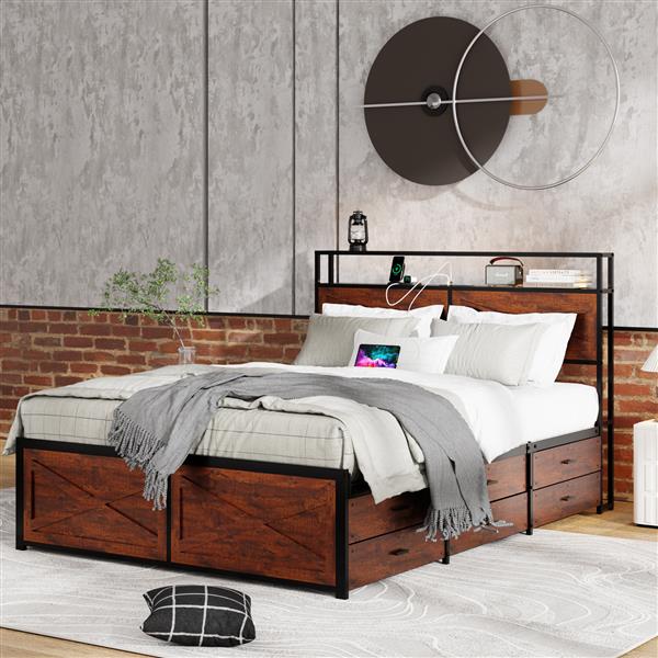 Queen Bed Frame with Storage Headboard and 12 Drawers LED Lights, Metal Platform Non-Slip Without Noise Mattress Foundation Strong Metal Slats Support,No Box Spring Needed