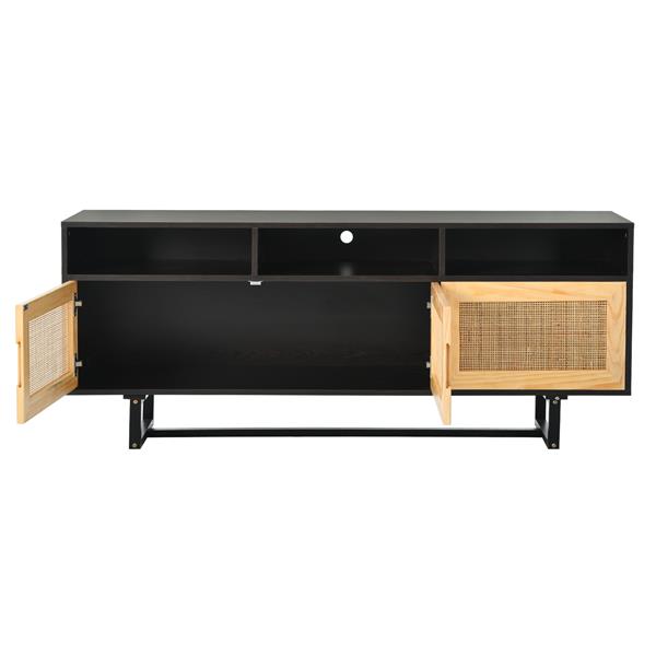 Retro Rattan Console Table 3-door TV Stand Media Console with Open Shelves for TV Stand under 75''(Espresso)