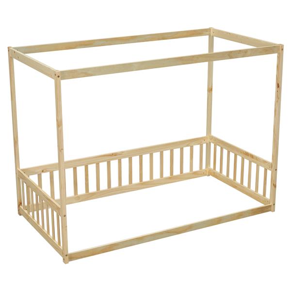 Twin Size Canopy Frame Floor Bed with Fence, Guardrails,Natural