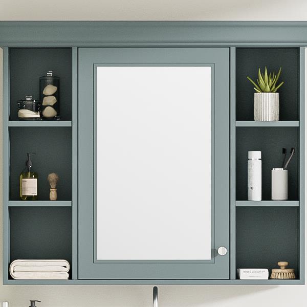 35'' x 28'' Blue Wall Mounted Bathroom Storage Cabinet with Mirror Door, Modern Bathroom Wall Cabinet with Mirror, Medicine Cabinet with 6 Open Shelves