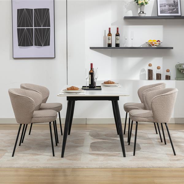 042-Set of 2 Boucle Fabric Dining Chairs With Black Metal Legs,Light Coffee