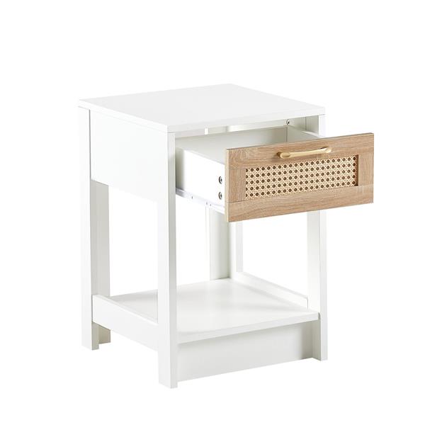 15.75" Rattan End table with  drawer, Modern nightstand, side table for living room, bedroom,white