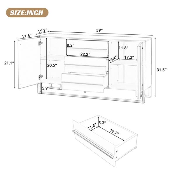 Modern Style 59"L Sideboard with Large Storage Space and Gold Metal Legs for Living Room and Entryway (White)