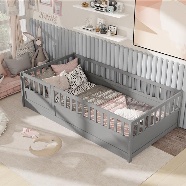 Twin Size Floor bed, integral construction with super high security barrier, door, children's floor bed frame, Montessori wooden children's floor bed,  Grey